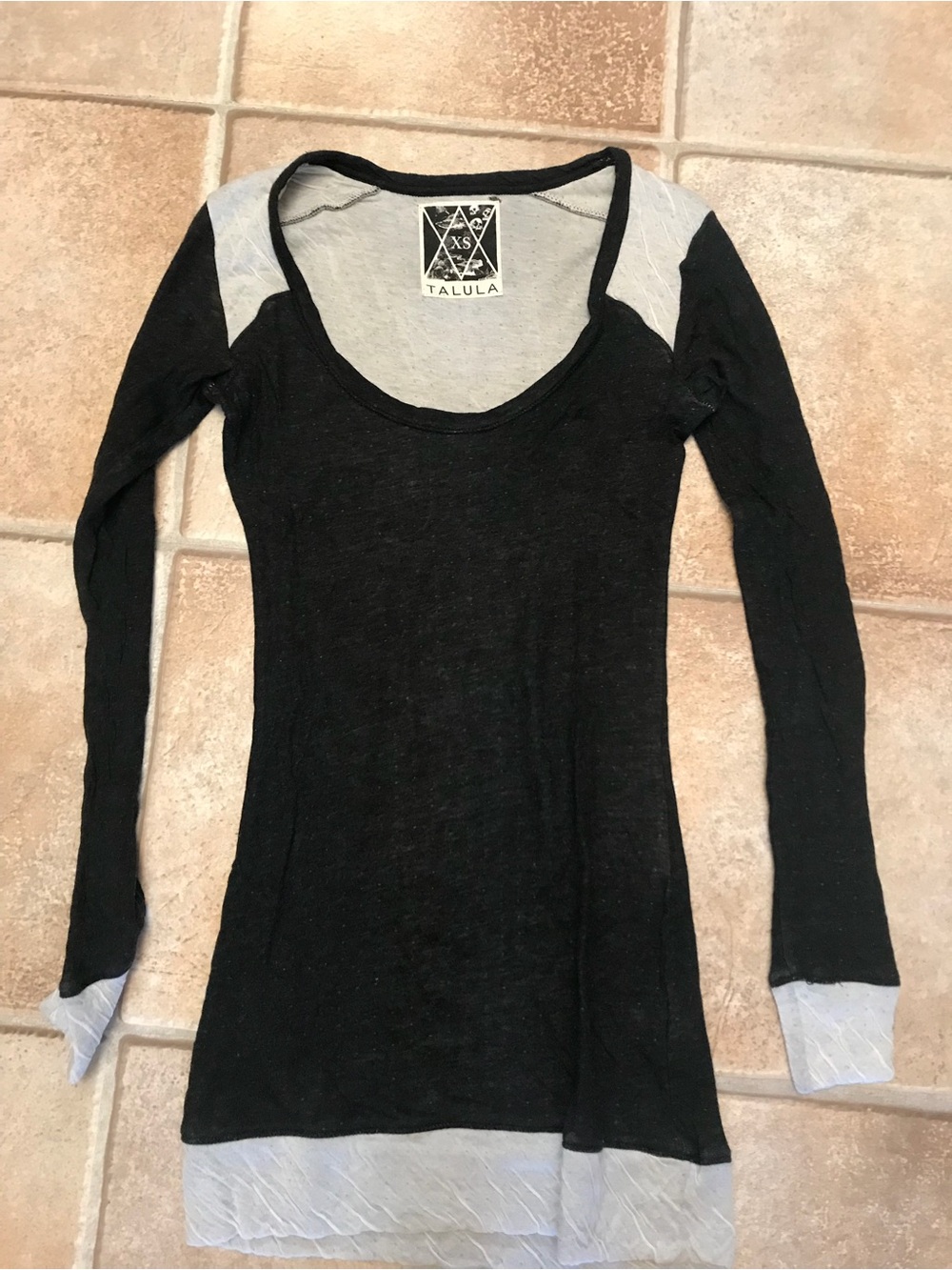 Talula Black Long Sleeve Scoop Neck Top with Light Gray Accents